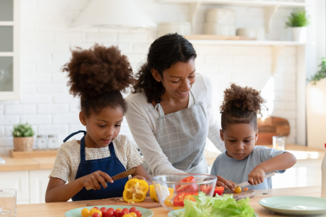 Mom cooking with kids