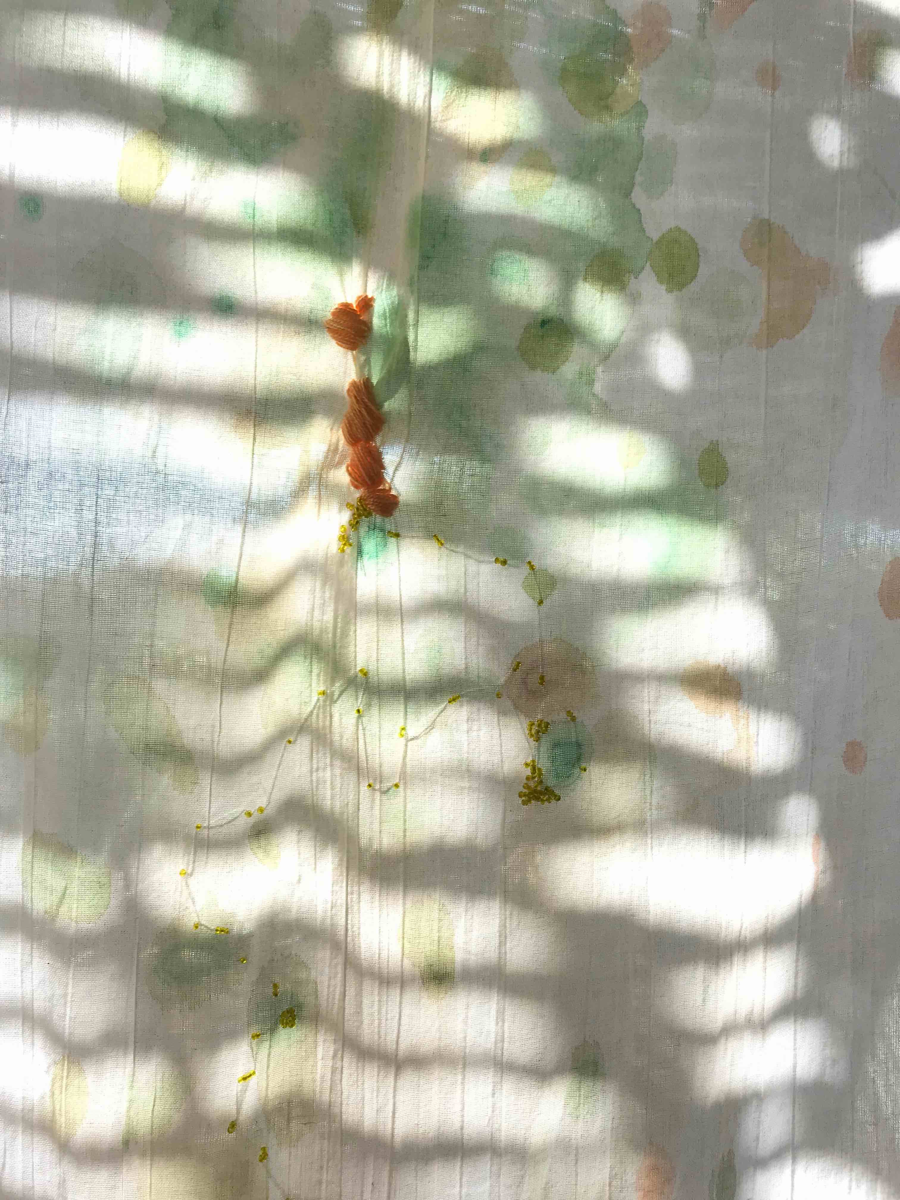 Sofía Fernández Díaz, installation detail made in Estancia Las Playitas Todos Santos. Natural dyes, shadows, embroidery and desert quartz, november 2019 (work in process). Photo: Sofía Fernández Díaz