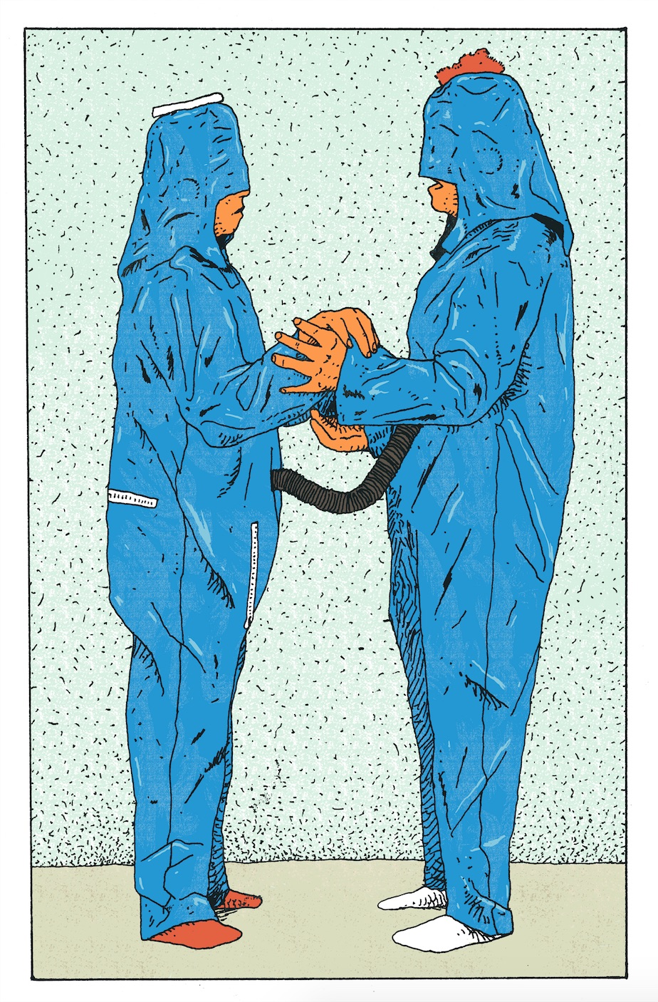 Ilustración de Santiago Moyao basada en la obra de Lygia Clark, O eu e o tu: série roupa-corpo-roupa, 1967