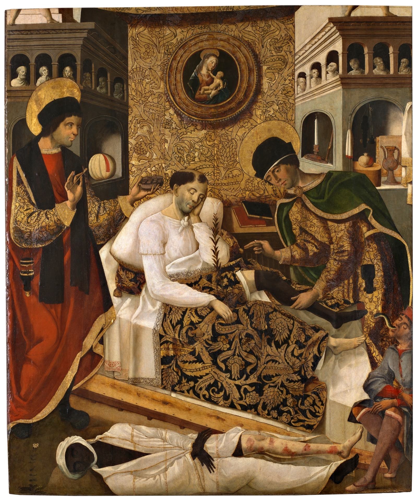 Fernando Del Rincón, Milagros de los santos médicos Cosme y Damián, Hacia 1510. Óleo sobre tabla, 188 x 155 cm. ©Museo Nacional del Prado