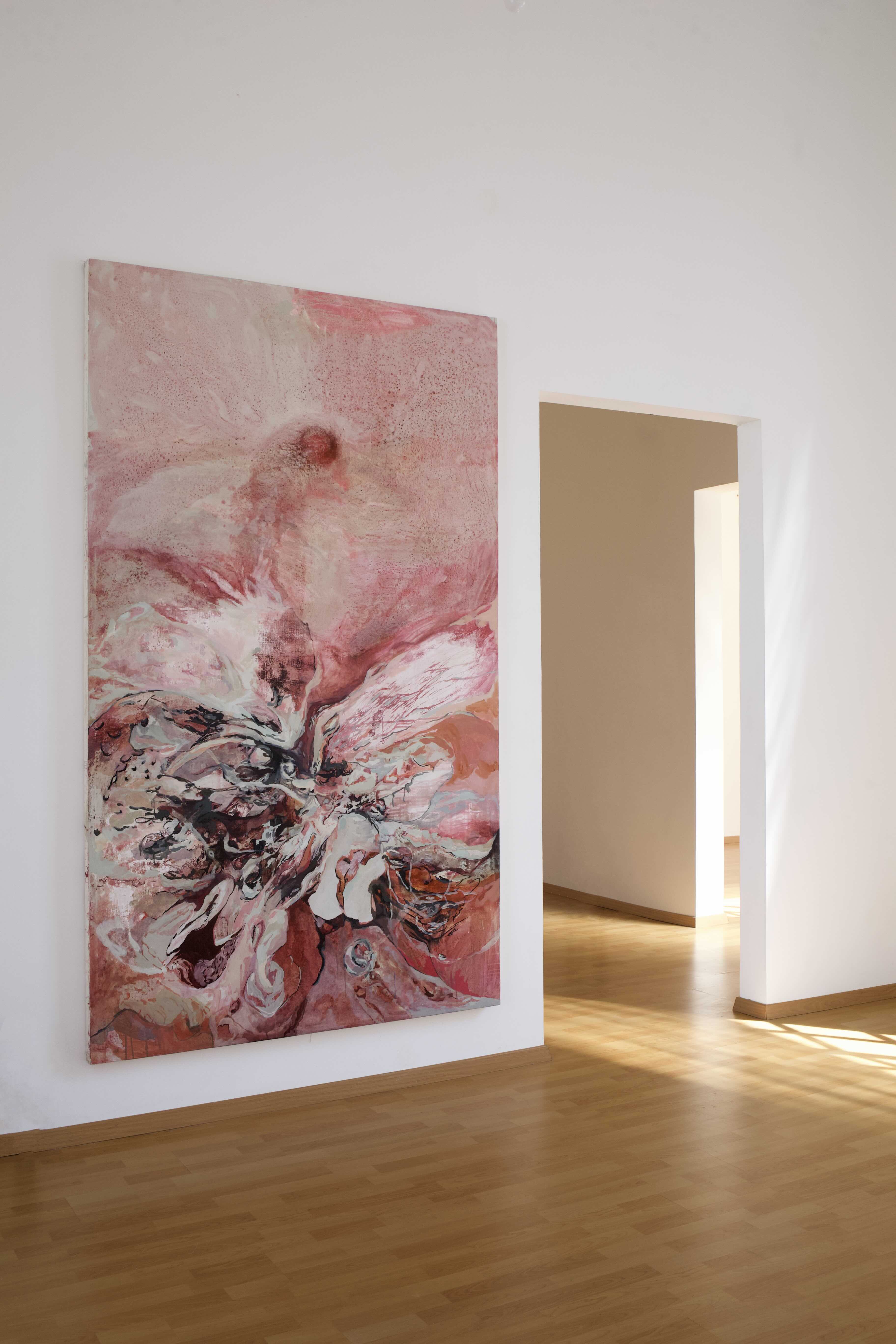 Valentina Attolini, "La incisión donde el lenguaje desaparece". Acrílico sobre tela. 150 x 250 cm, 2023. Parte de 'Es un lugar que no existe'. Cortesía de la artista