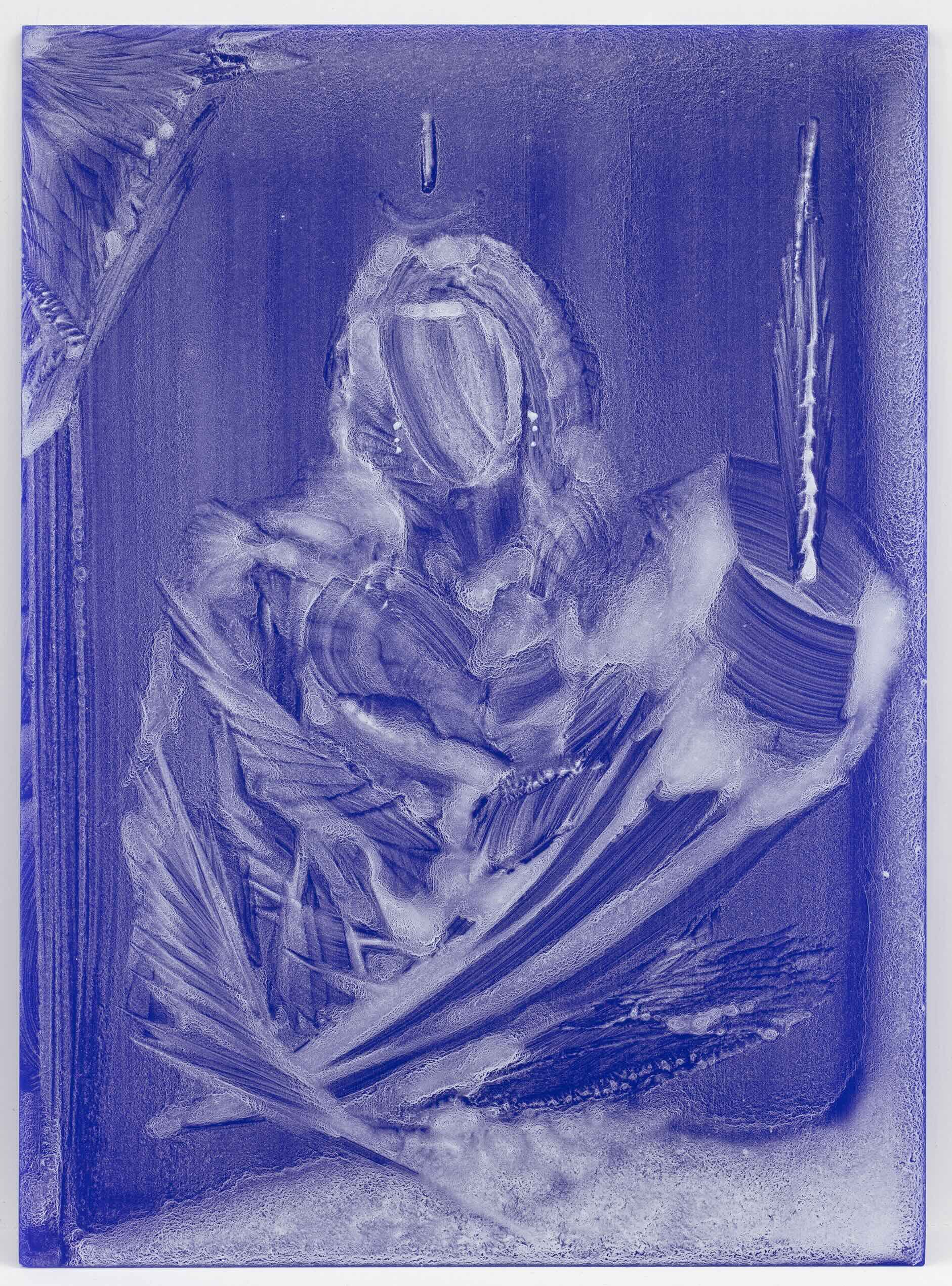 César Rangel, Señora Lapislázuli (Judith), 2025. Water, cactus slime and sandpaper on blue plexiglass, 38 x 27 cm. Courtesy of the artist and Galería Karen Huber. Photograph: Ramiro Chaves