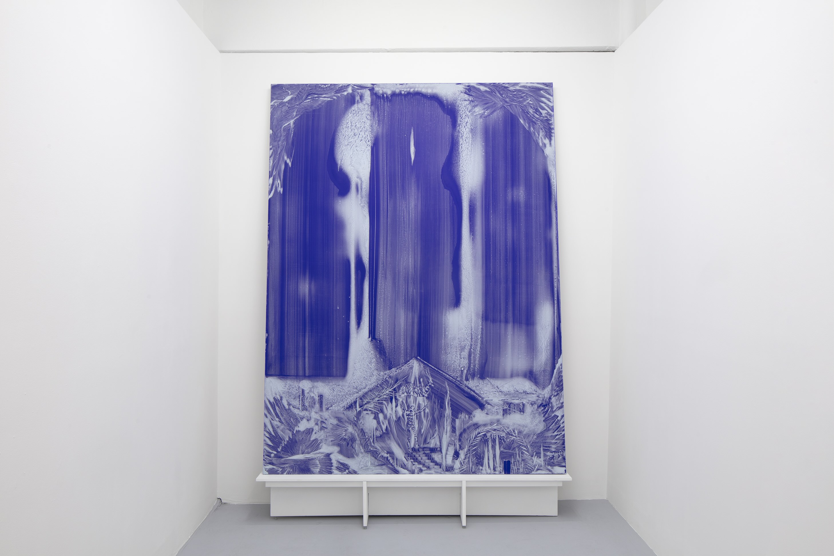 César Rangel, Señora Lapislázuli 3, 2025, water, cactus slime and sandpaper on blue plexiglass, 247 x 185 cm, 247 x 185 cm. Courtesy of the artist and Galería Karen Huber. Photograph: Ramiro Chaves