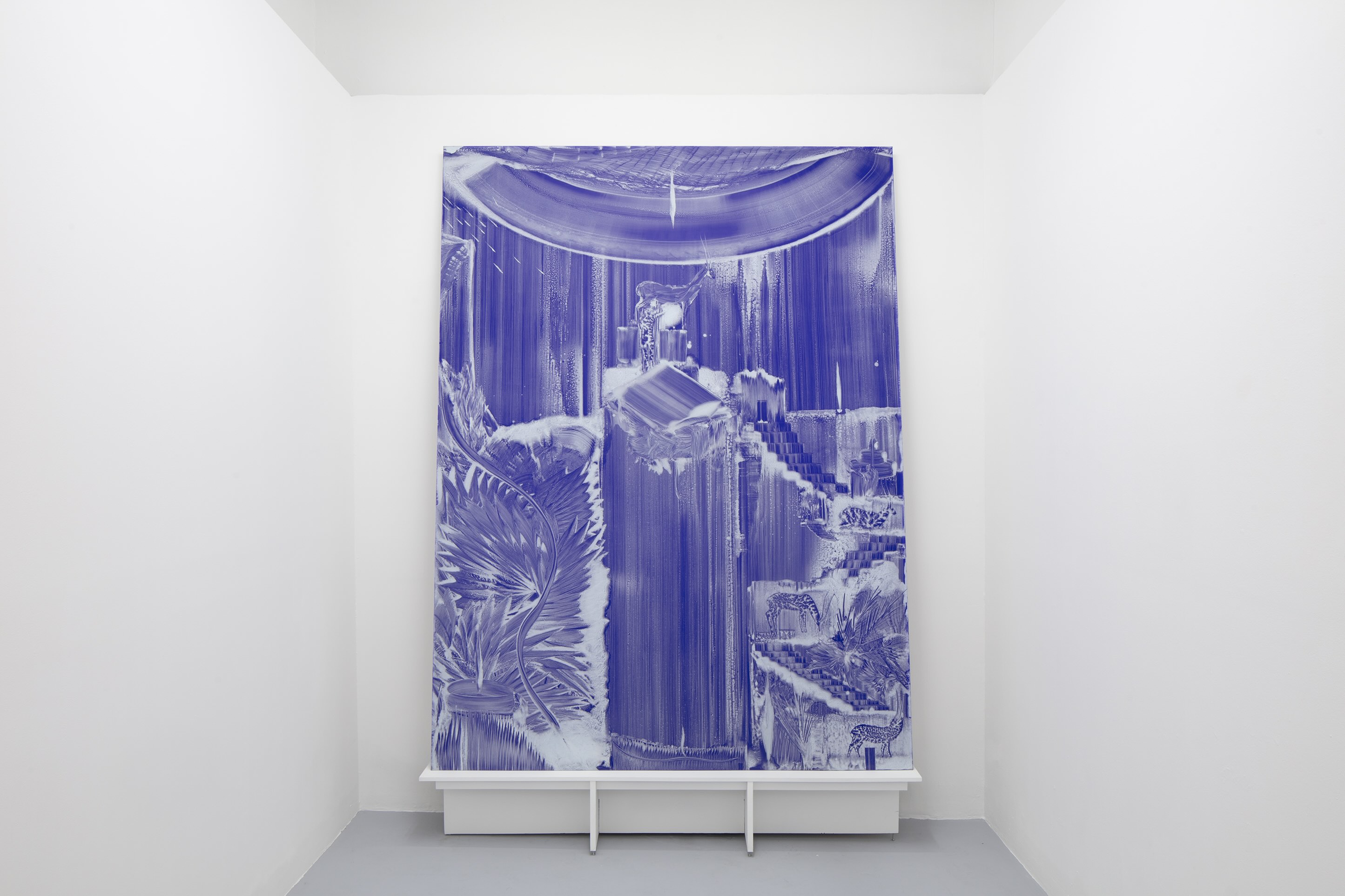César Rangel, Señora Lapislázuli 2, 2025, water, cactus slime and sandpaper on blue plexiglass, 247 x 185 cm, 247 x 185 cm. Courtesy of the artist and Galería Karen Huber. Photograph: Ramiro Chaves