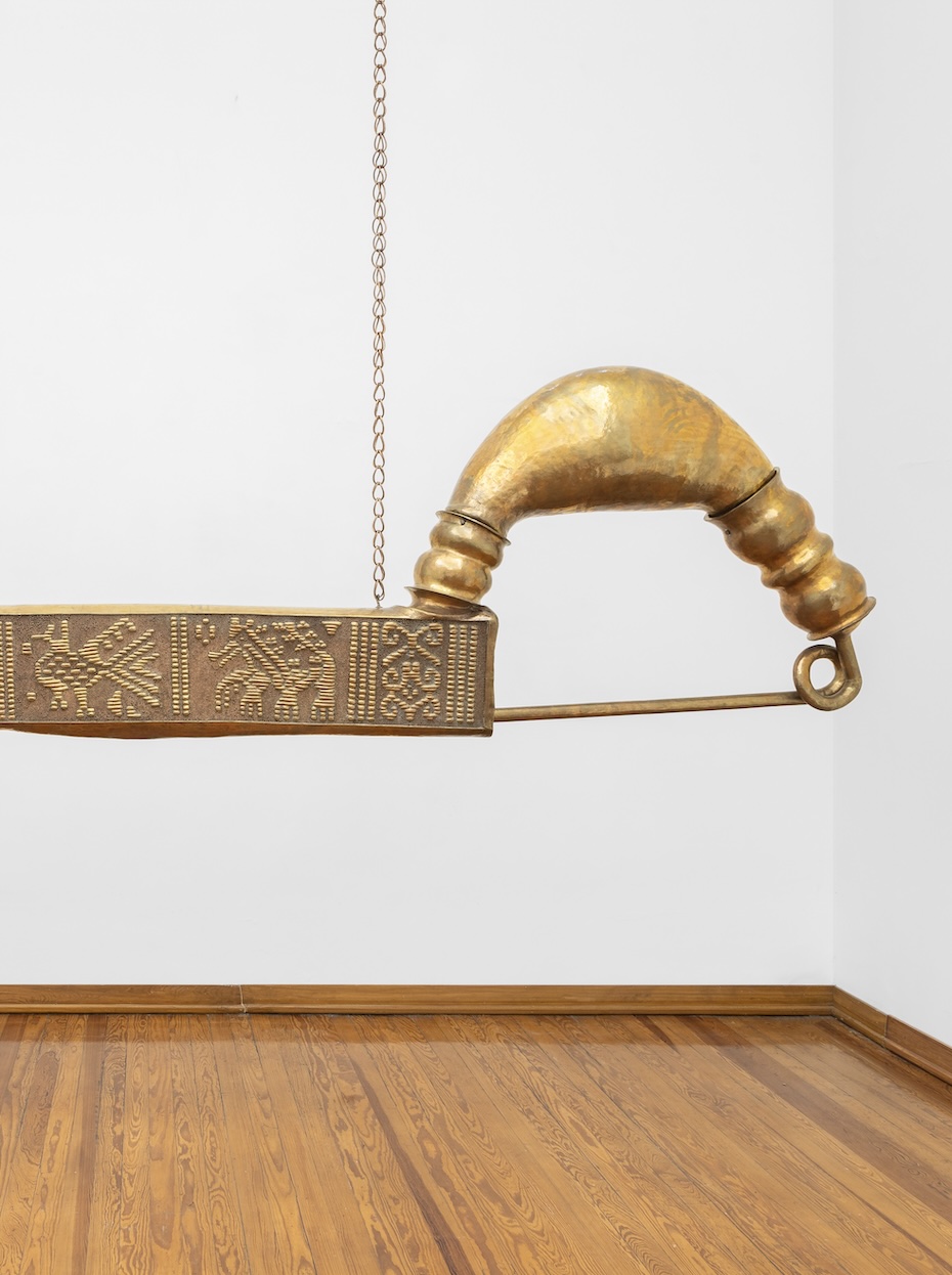 Ana Pellicer, Etruscan Pin (detail), 1981, Hammered, embossed, and granulated brass, 115 x 464 x 30 cm. Photo: GLR Studio. Courtesy of MASA