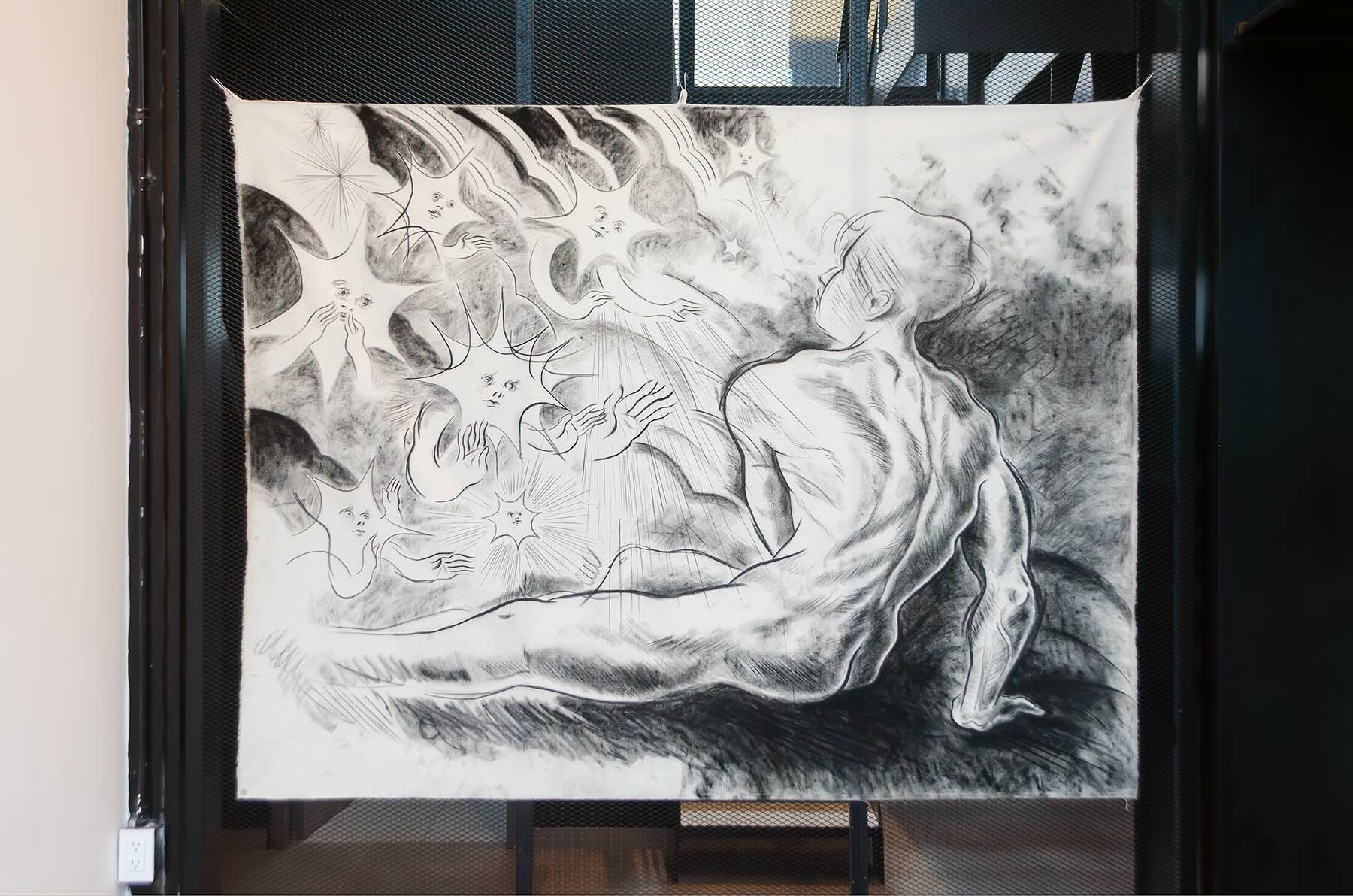 Renato Valdelamar, ‘La contemplación involucra sospecha' or 'Un muchacho que es amigo de las estrellas’, 2023, Charcoal and Conté crayon on canvas, 160 x 200 cm. Photo: Hernán A. Cortés."