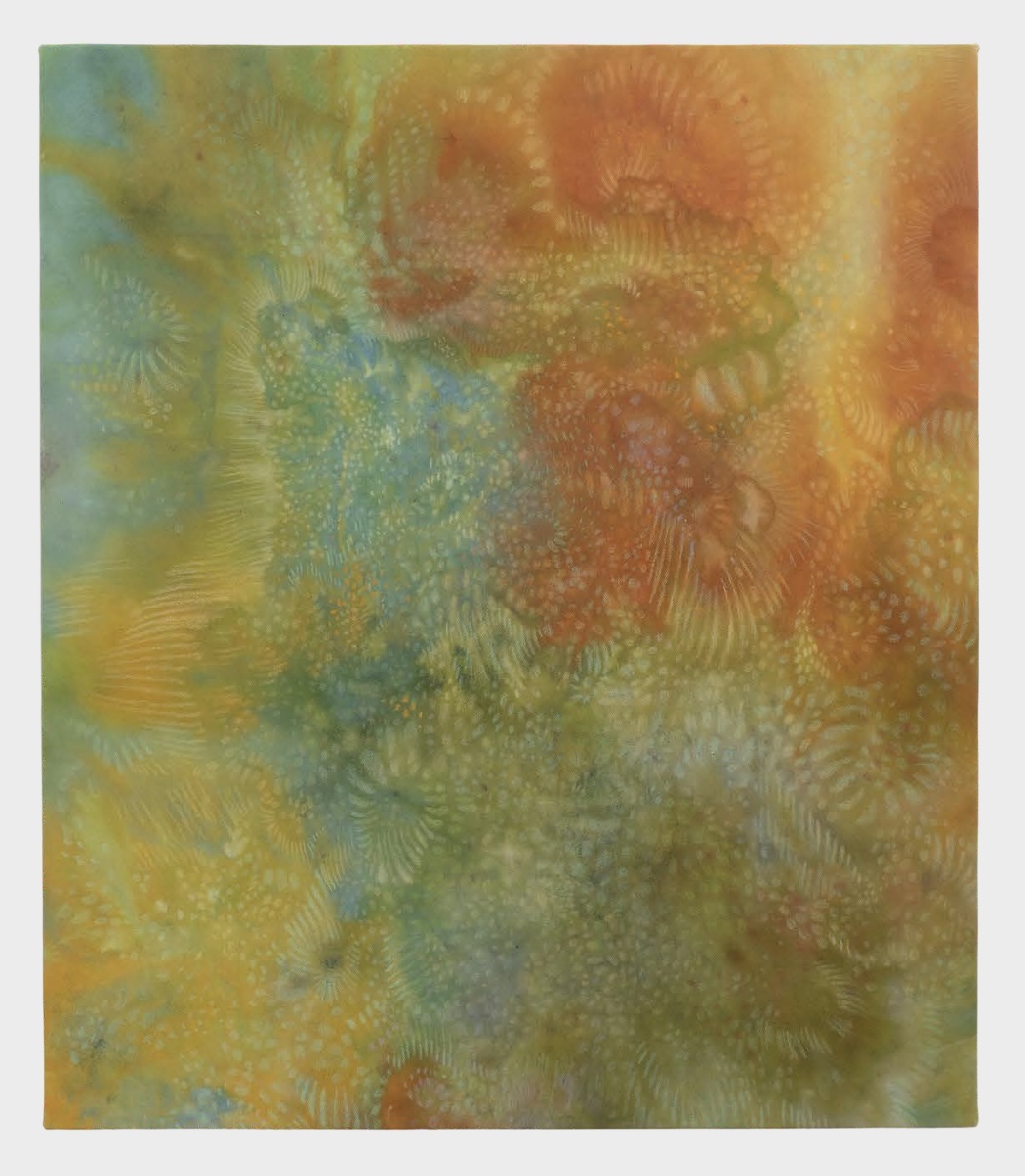 Isabella Russo Siqueira, Circuits of Renewal, 2025, Mixed media on raw canvas, 72 x 62 cm. Courtesy of the artist and Ambar Quijano.