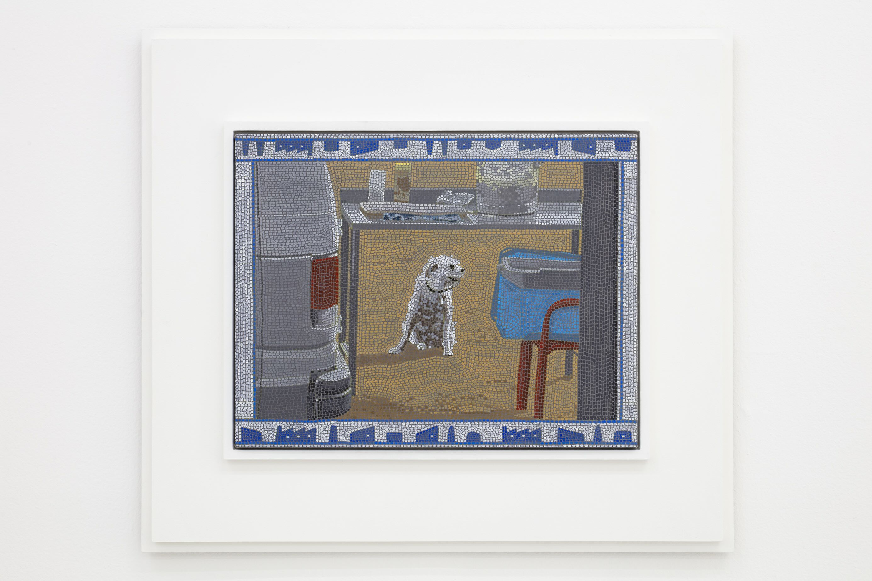 Christian Camacho, Reborn as dog/renacer perrito, 2025, oil on canvas, 60 x 68 cm (framed). Courtesy Galería Karen Huber. Photograph by Ramiro Chaves