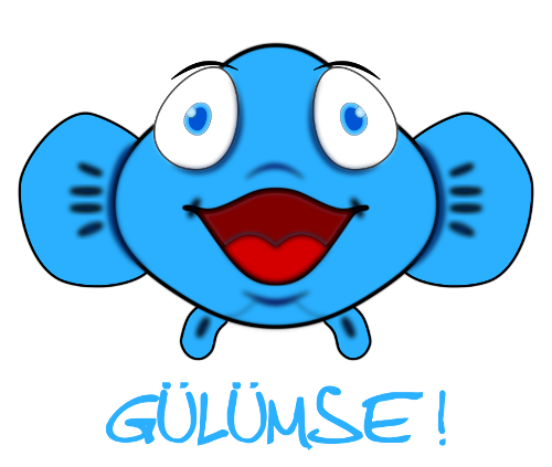 Kocaman gülümseyen mavi çizgi film balığı, altında “Gülümse!” yazısı