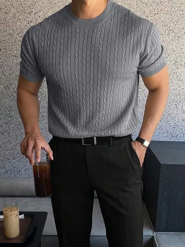 Round Neck Sleeve Knitted Top Men's Slimming Stretchy T Shirt