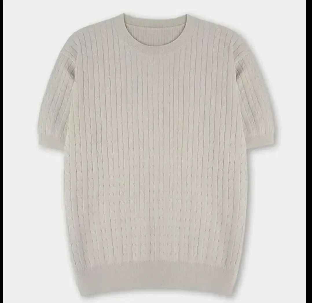 Round Neck Sleeve Knitted Top Men's Slimming Stretchy T Shirt
