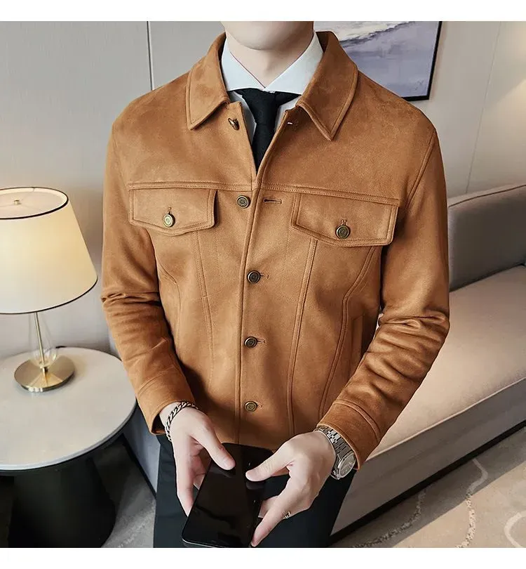 Suede Jacket for Men Solid Colour Casual Business Lapel Jackets