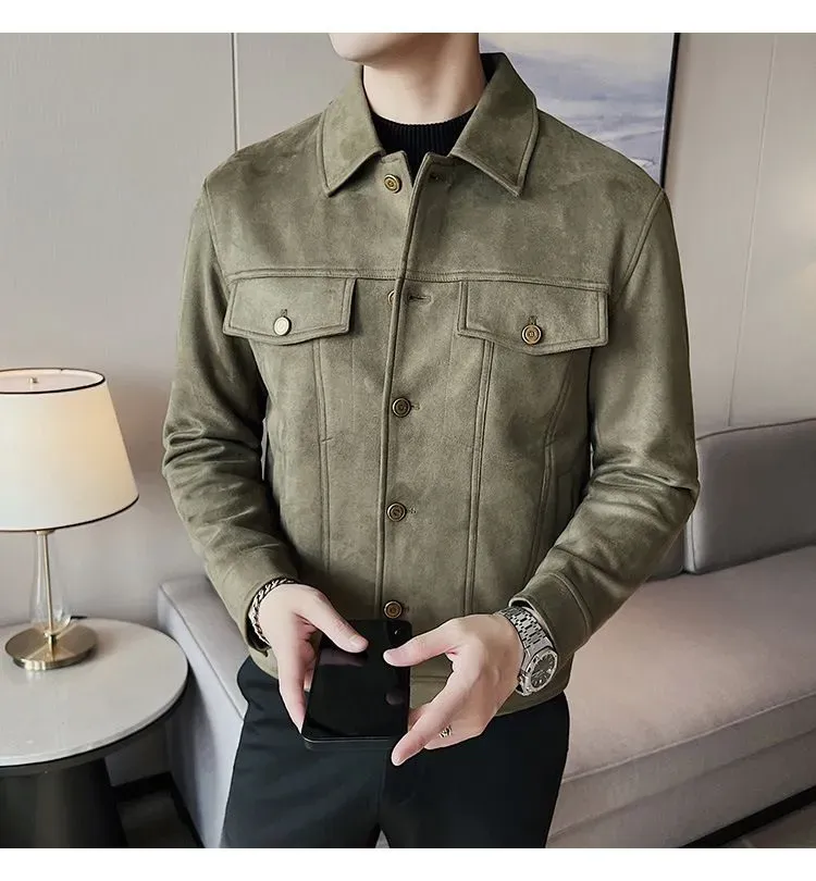 Suede Jacket for Men Solid Colour Casual Business Lapel Jackets