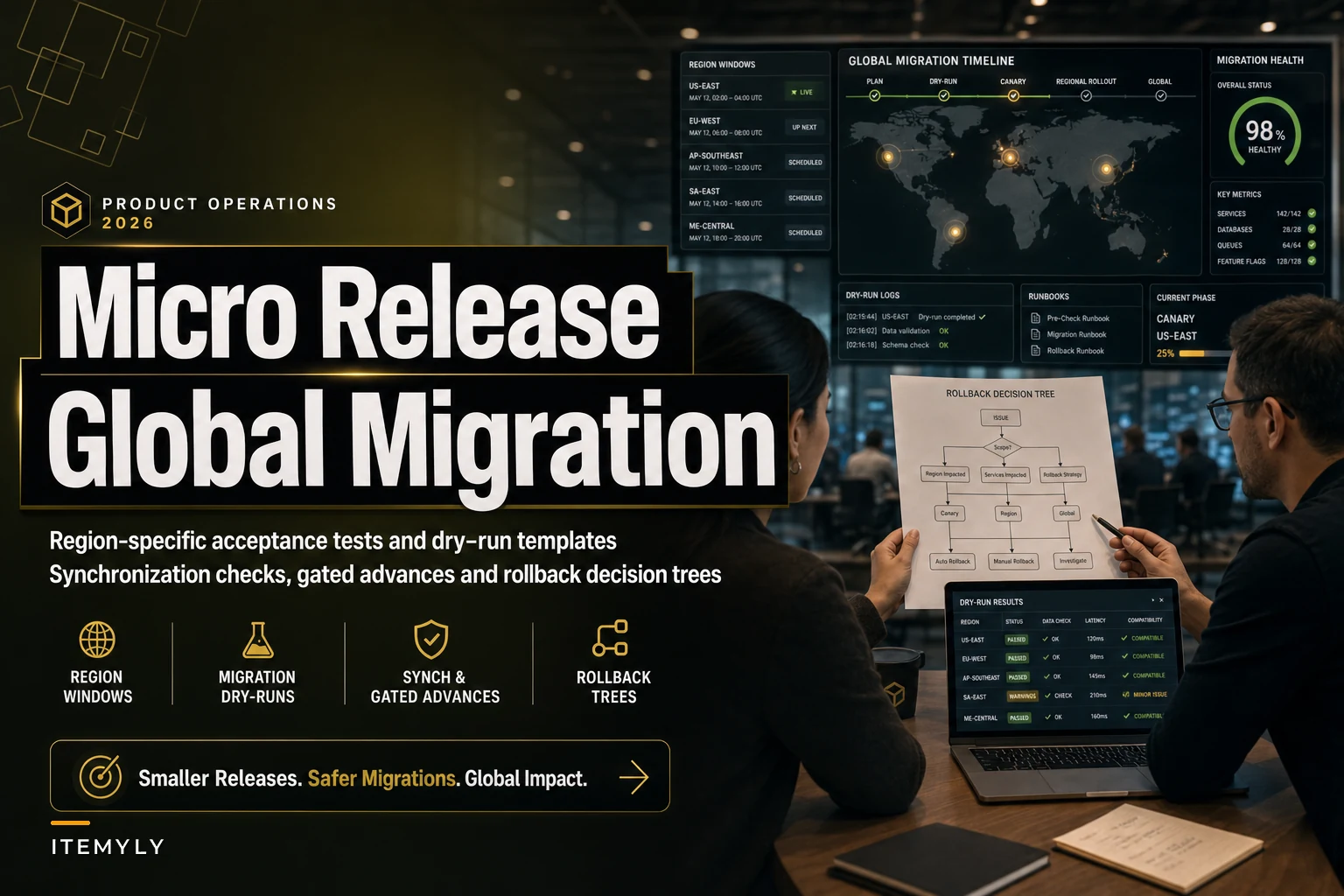 Micro-release planning for global services: region windows, migration dry-runs and rollback trees