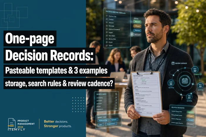 One-page product decision records: pasteable templates, three examples and storage/search rules