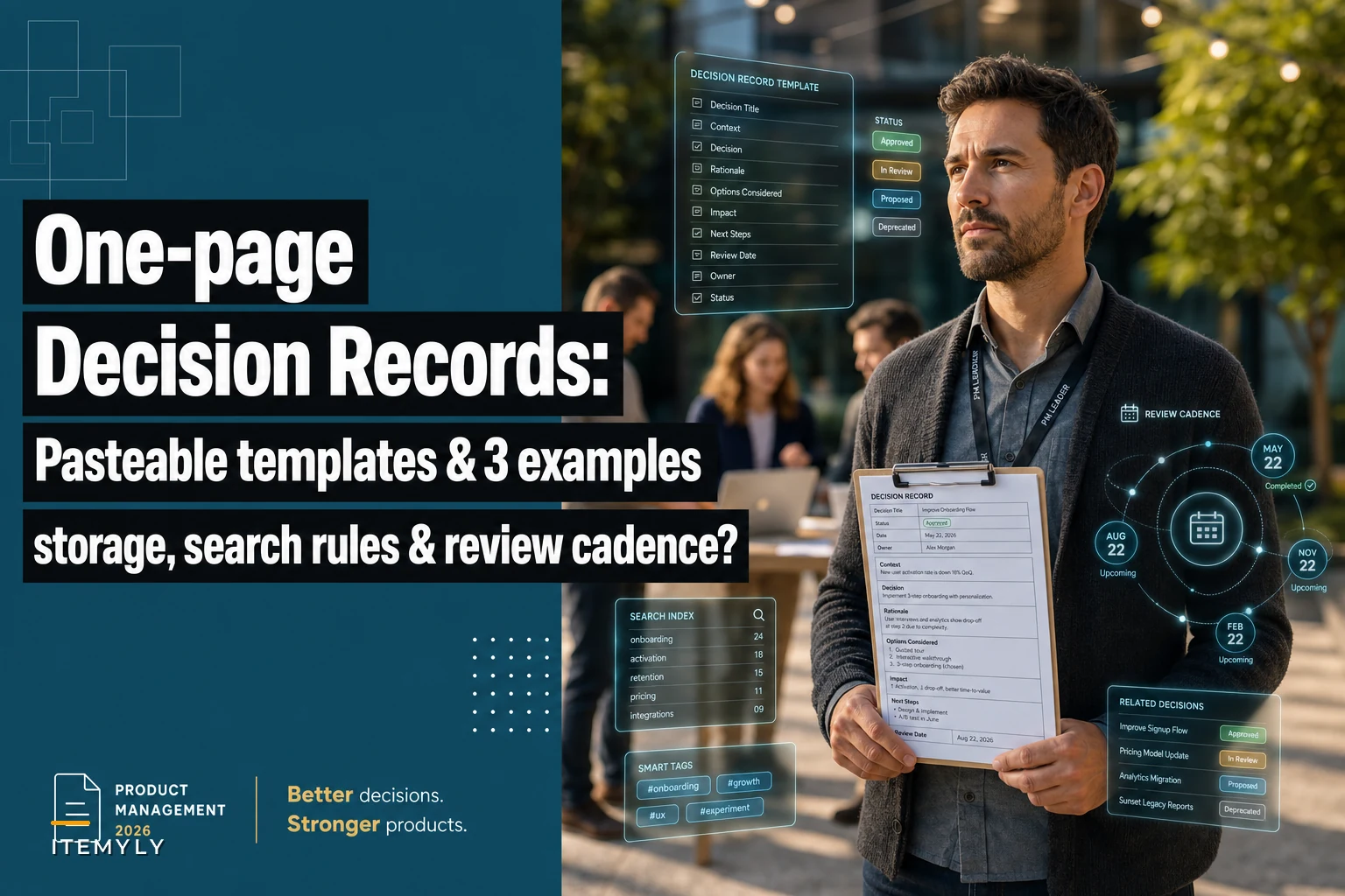 One-page product decision records: pasteable templates, three examples and storage/search rules