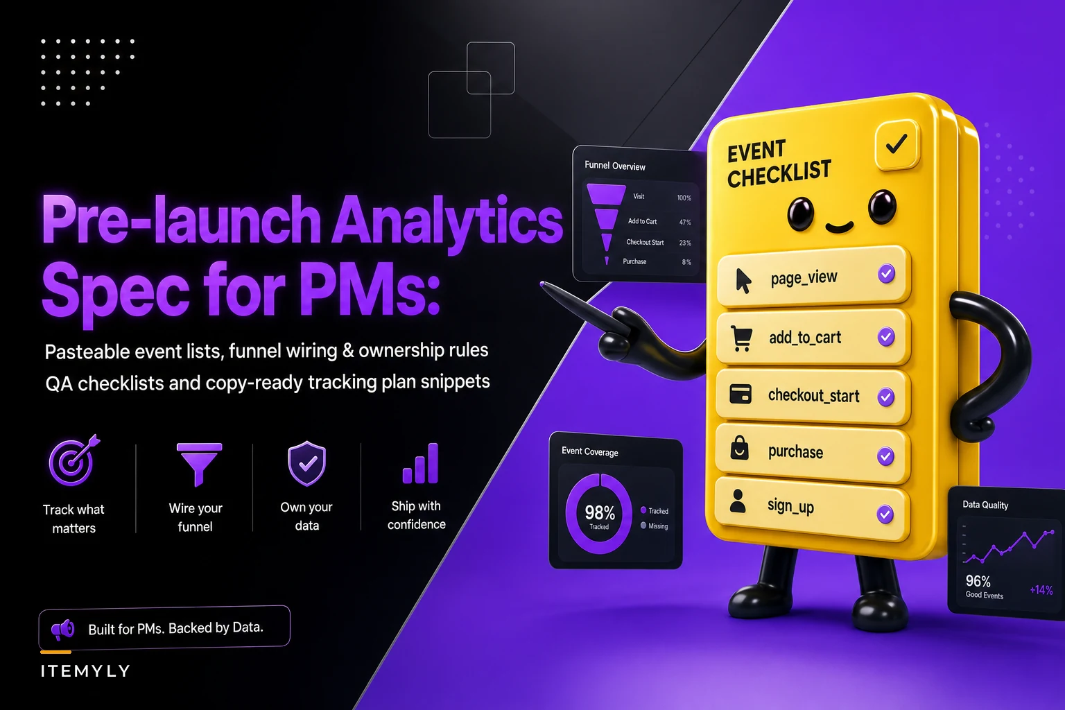 Pre-launch analytics spec: pasteable event lists, funnel wiring and QA sign-offs for PMs