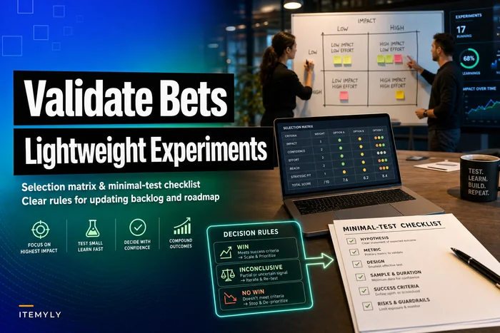 Validate roadmap bets with lightweight experiments: a selection matrix, minimal-test checklist and clear decision rules