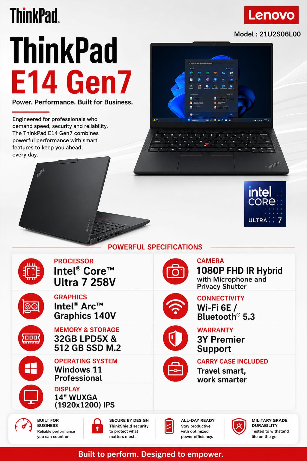 Lenovo ThinkPad E14 Gen 7 AI Laptop | Intel® Core™ Ultra 7 258V | 32GB RAM | 512GB SSD | Windows 11 Pro | Aster Computers Madurai