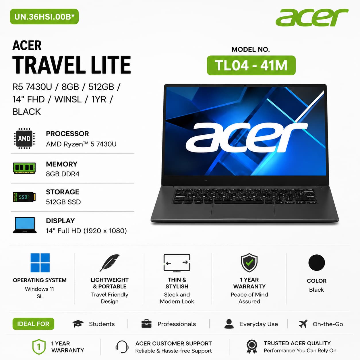 Acer TravelLite TL04-41M Laptop | AMD Ryzen™ 5 7430U | 8GB RAM | 512GB SSD | 14" FHD | Windows 11 Home | Aster Computers Madurai