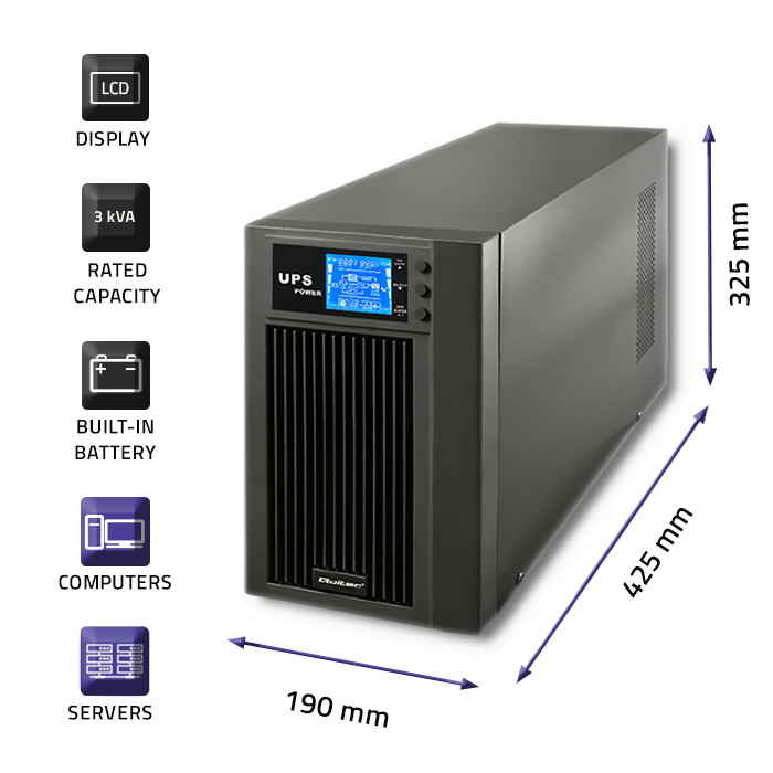 Qoltec Zasilacz awaryjny UPS On-line | Pure Sine Wave | 3kVA | 2.4kW | LCD | USB - zdjęcie 3