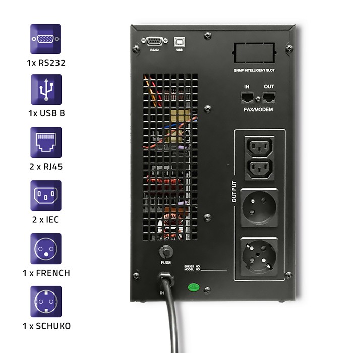 Qoltec Zasilacz awaryjny UPS On-line | Pure Sine Wave | 3kVA | 2.4kW | LCD | USB - zdjęcie 5