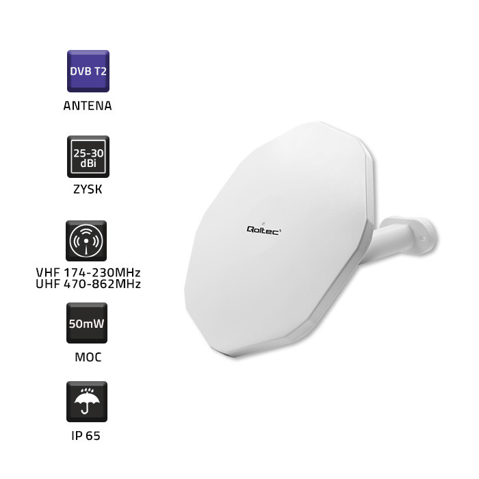 Qoltec Antena zewnętrzna DVB-T2 | VHF/UHF | Biała - zdjęcie 2