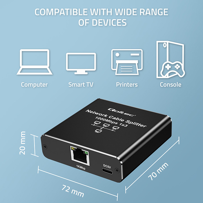 Qoltec Rozdzielacz Splitter Ethernet mini SWITCH 1x3 RJ45 | 1000Mb/s | USB-C | Aluminium - zdjęcie 2