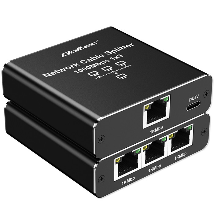 Qoltec Rozdzielacz Splitter Ethernet mini SWITCH 1x3 RJ45 | 1000Mb/s | USB-C | Aluminium - zdjęcie 3