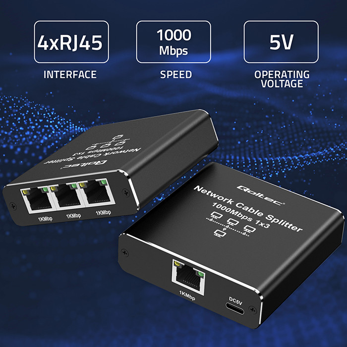 Qoltec Rozdzielacz Splitter Ethernet mini SWITCH 1x3 RJ45 | 1000Mb/s | USB-C | Aluminium - zdjęcie 4