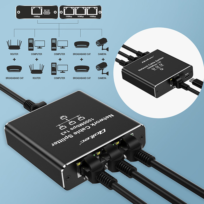 Qoltec Rozdzielacz Splitter Ethernet mini SWITCH 1x3 RJ45 | 1000Mb/s | USB-C | Aluminium - zdjęcie 6