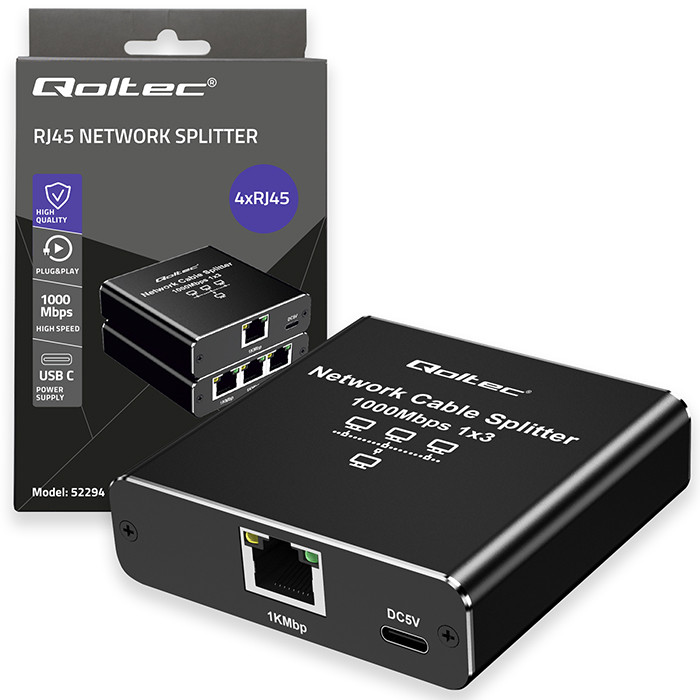 Qoltec Rozdzielacz Splitter Ethernet mini SWITCH 1x3 RJ45 | 1000Mb/s | USB-C | Aluminium - zdjęcie 9