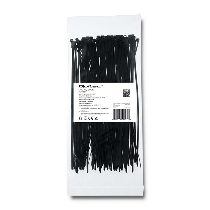 Qoltec Opaski zaciskowe Trytki kablowe | 2.5*200mm | 100 szt. | Nylon66 | UV | Czarne - zdjęcie 1