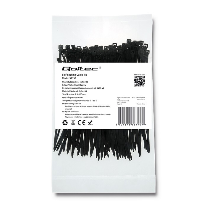 Qoltec Opaski zaciskowe Trytki kablowe | 2.5*100mm | 100 szt. | Nylon66 | UV | Czarne - zdjęcie 1