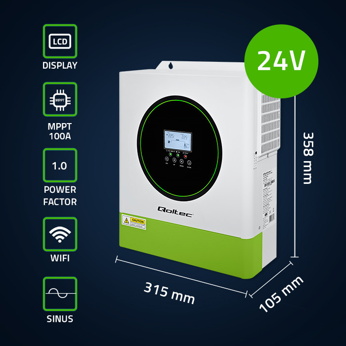 Qoltec Hybrydowy inwerter solarny Off-Grid 3500W | 100A | 24V | MPPT | BMS | opcja Wi-fi |Sinus | Power factor 1.0 - zdjęcie 3