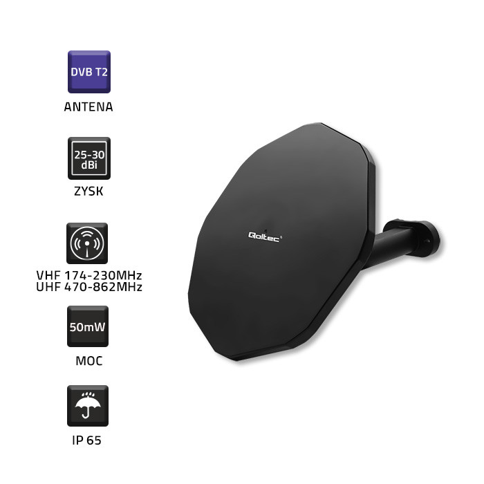 Qoltec Antena zewnętrzna DVB-T2 | VHF/UHF | Czarna - zdjęcie 2