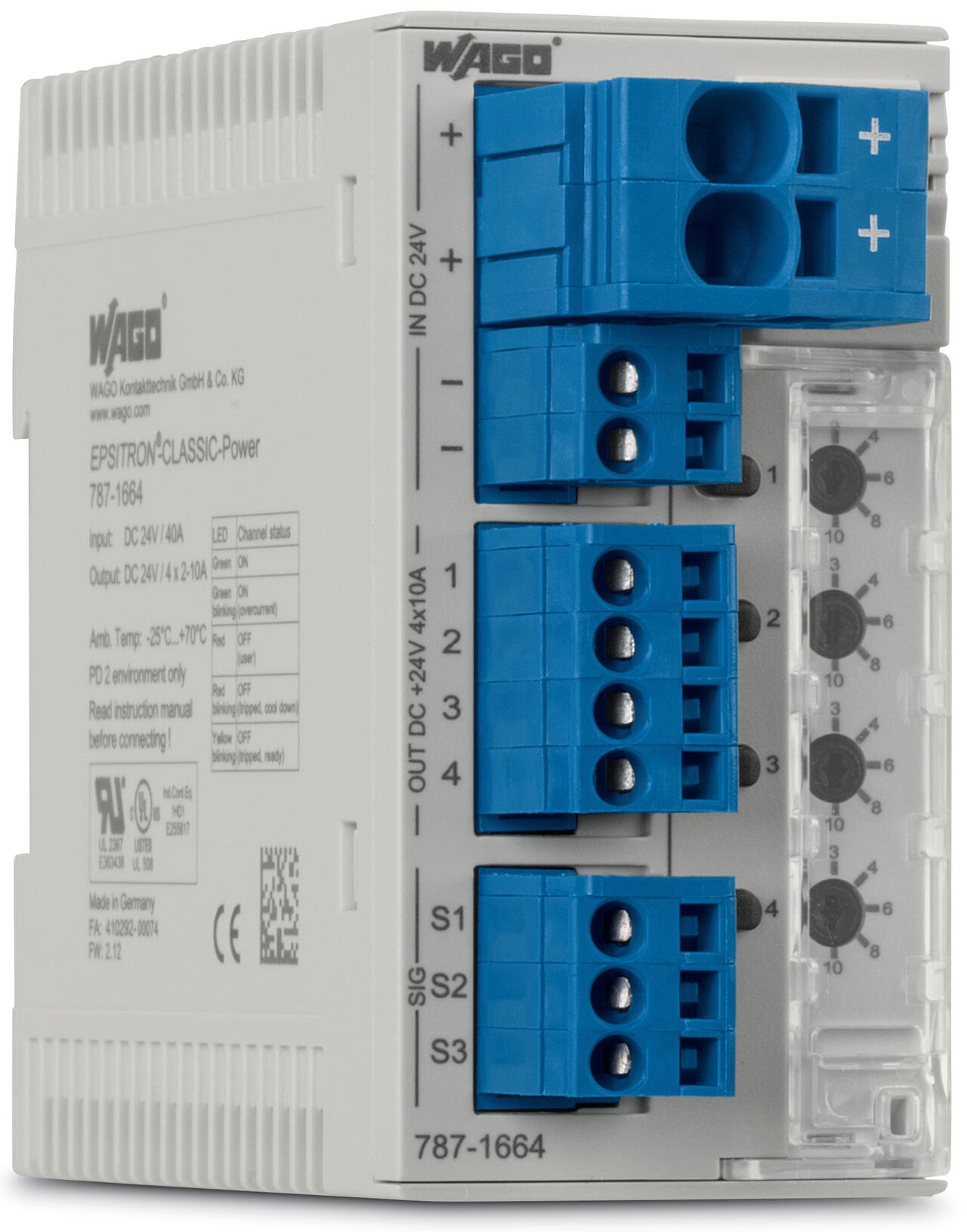 Elektroniczny wyłącznik nadprądowy; 4-kanałowy; napięcie wejściowe 24 V DC; konfig. 2 … 10 A; z możliwością komunikacji; 10,00 mm² - zdjęcie 1
