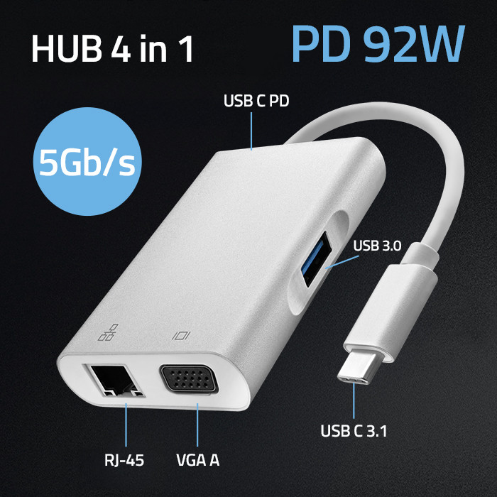 Qoltec Hub Adapter USB-C 3.1 4w1 | USB 3.0 | VGA | RJ45 | USB-C PD 92W - zdjęcie 2
