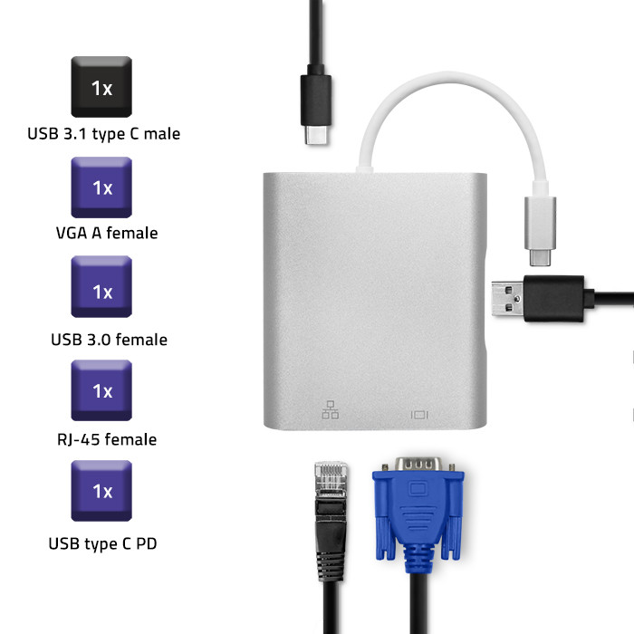 Qoltec Hub Adapter USB-C 3.1 4w1 | USB 3.0 | VGA | RJ45 | USB-C PD 92W - zdjęcie 7