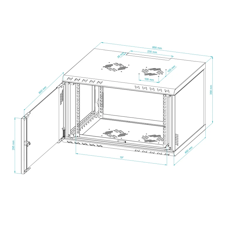 Szafa RACK 19" 6U 450 wisząca Professional szkło czarna - zdjęcie 12
