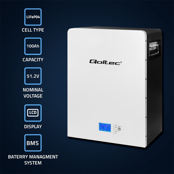 Qoltec Stabilny Magazyn energii LiFePO4 | 5.12kWh | 51.2V | 100Ah | BMS | LCD - zdjęcie 4