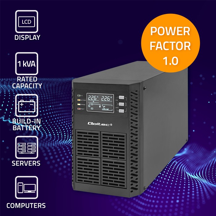 Qoltec Zasilacz awaryjny UPS | 1kVA | 1000W | Power Factor 1.0 | LCD | EPO | USB | On-line - zdjęcie 3