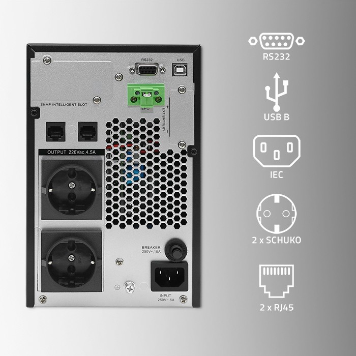Qoltec Zasilacz awaryjny UPS | 1kVA | 1000W | Power Factor 1.0 | LCD | EPO | USB | On-line - zdjęcie 6
