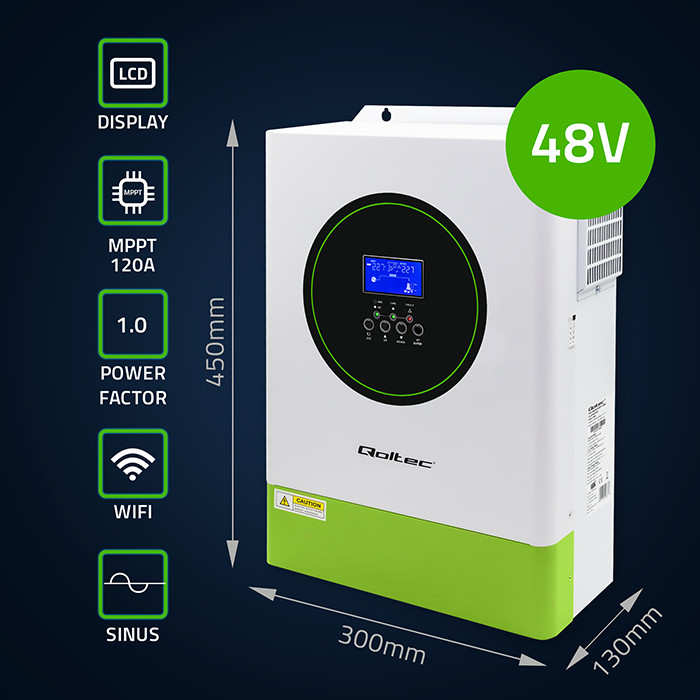 Qoltec Modularny Hybrydowy inwerter solarny Off-Grid 6200W | 120A | 48V | MPPT | do 12 jednostek | BMS | Sinus | opcja Wi-Fi | Power Factor 1.0 - zdjęcie 3