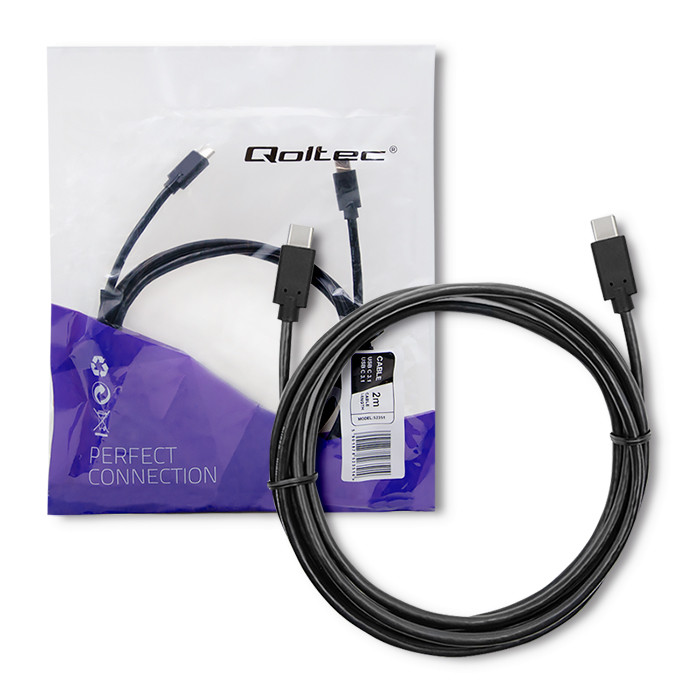 Qoltec Kabel USB 3.1 typ C męski | USB 3.1 typ C męski | 2m | Czarny - zdjęcie 1