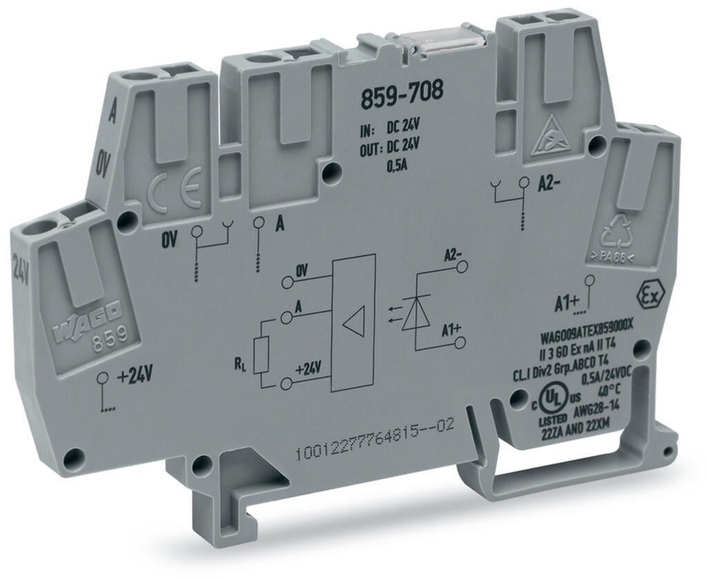 optoseparator; znamionowe napięcie wejściowe 24 V DC; zakres napięcia wyjściowego 15 … 30 V DC; maksymalny prąd długotrwały 1 A; podłączanie 3-przewodowe/załączanie potencjałem niskim; częstotliwość 15 kHz; sygnalizacja statusu czerwony; szerokość 6 mm; szary - zdjęcie 1