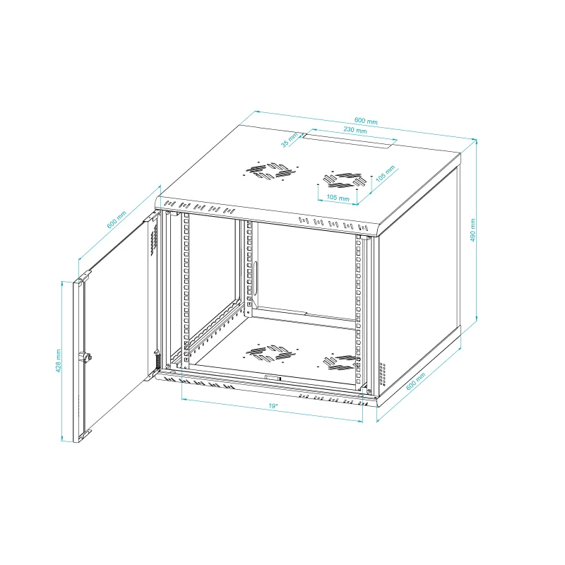 Szafa RACK 19" 9U 600 wisząca Professional szkło czarna - zdjęcie 12