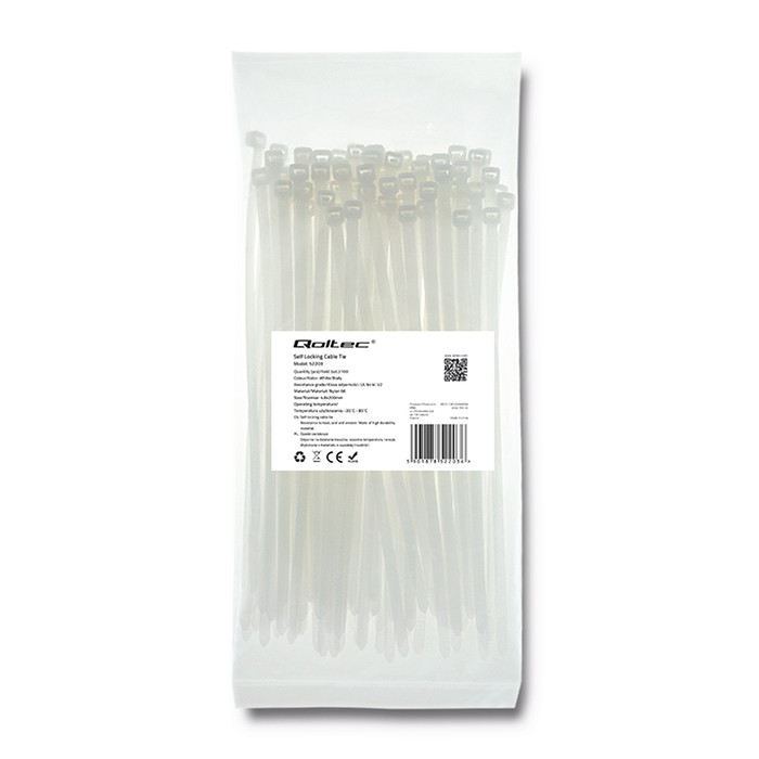 Qoltec Opaski zaciskowe Trytki kablowe | 4.8*200mm | 100 szt. | Nylon66 | UV | Białe - zdjęcie 1
