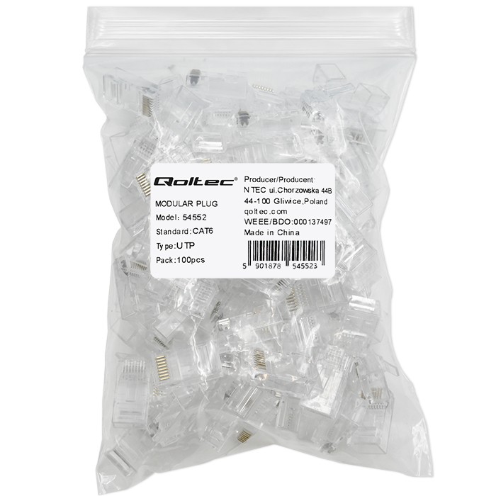 Qoltec Wtyk złącze modularne RJ45 | CAT6 | UTP | Pozłacane styki | 100 sztuk - zdjęcie 2