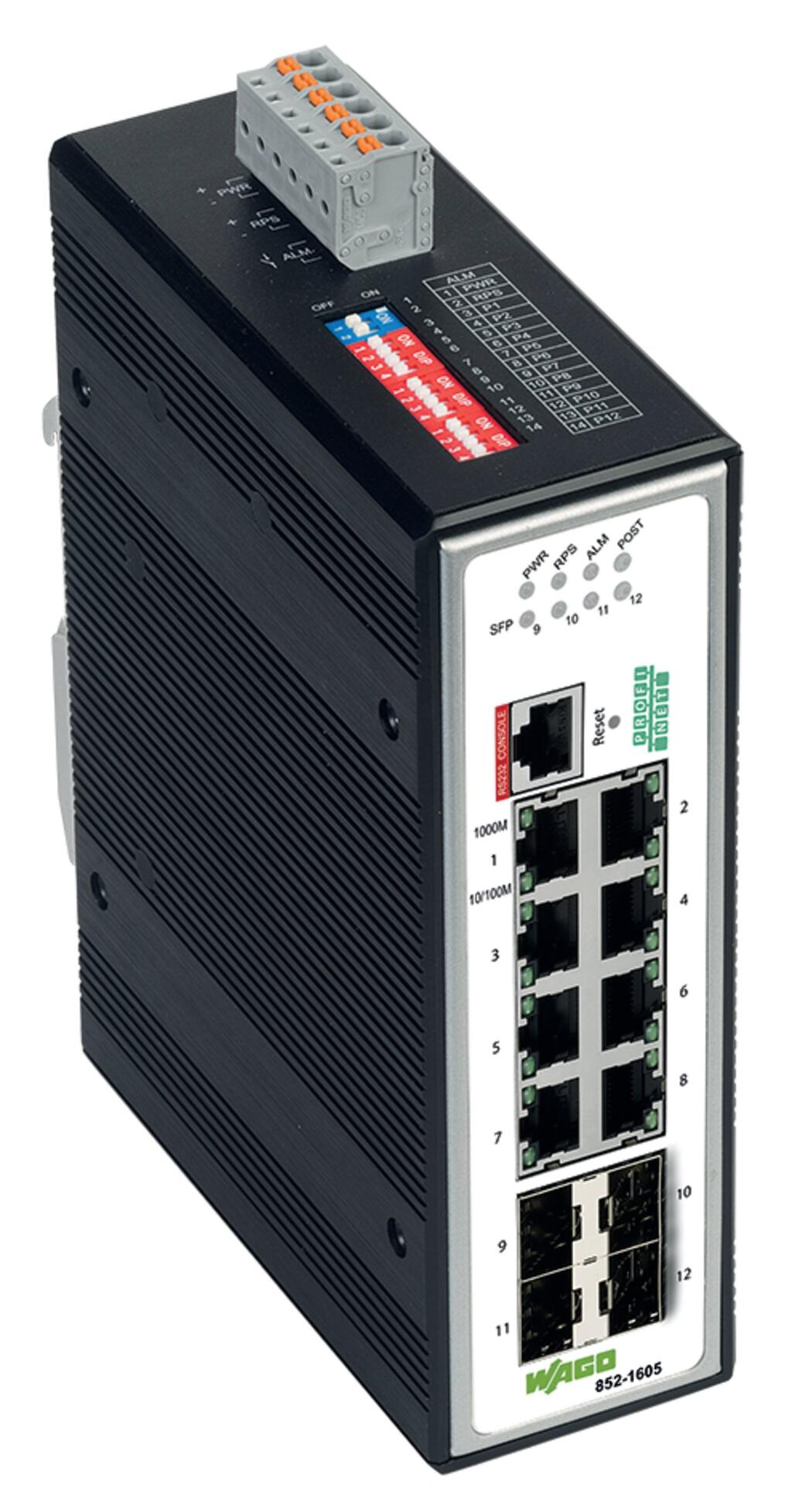 Switch przemysłowy zarządzalny; 8 portów 1000 Base-T; 1000BASE-SX/LX, 4 gniazda; PROFINET; rozszerzony zakres temperatury; czarny metaliczny - zdjęcie 1